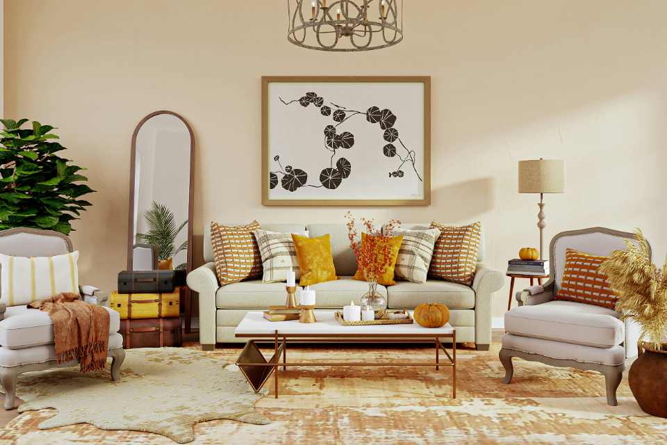 cow hide rug layered over modern area rug in living room with mixed design styles